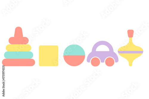 Simple set of colorful baby toys including stacking rings car block and spinning top