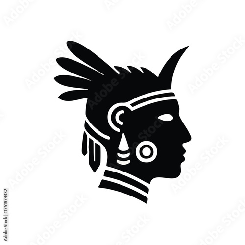 (Indigenous Profile Head Icon. This artistic silhouette of an aboriginal figure with a ceremonial headdress embodies ancestral wisdom, cultural pride, and profound historical depth.)