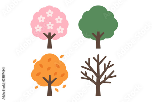Four stylized trees representing the seasonal cycle including spring bloom, summer foliage, autumn leaves, and bare winter branches