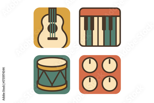 Retro style musical instruments and sound equipment icons set featuring guitar keyboard drum and control knobs