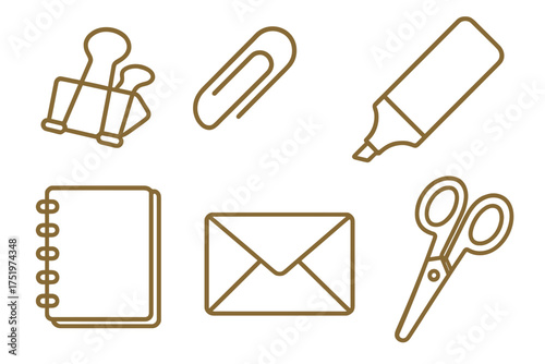 Essential stationery and office supplies including binder clip, paper clip, marker, notebook, envelope, and scissors