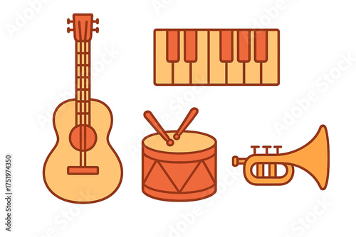 Set of four classic musical instruments including guitar, keyboard, drum, and trumpet in flat style