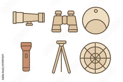 Collection of essential outdoor adventure gear featuring optical devices and navigation tools