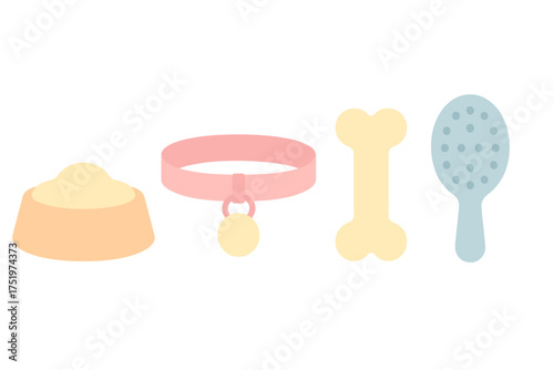 Essential pet care items set including food bowl, pink collar, bone toy, and grooming brush