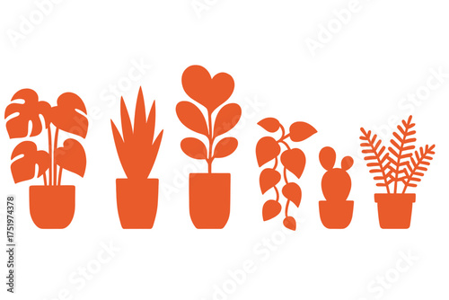 Five different potted indoor plants displayed in a row in bright orange color palette