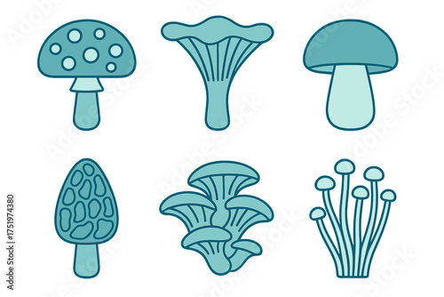 Assortment of stylized mushroom shapes and fungi symbols rendered in a teal color palette