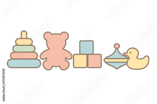 Cute pastel collection of classic baby toys including teddy bear stacking rings and building blocks