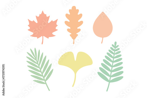 Diverse stylized autumn and tropical leaves in soft pastel colors on white background