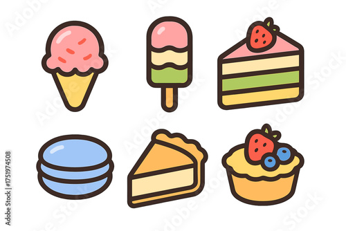 Collection of delicious confectionery symbols including ice cream, cake, pie, and macarons