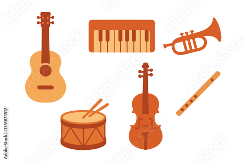Collection of musical instruments including guitar, keyboard, trumpet, drum, violin, and flute
