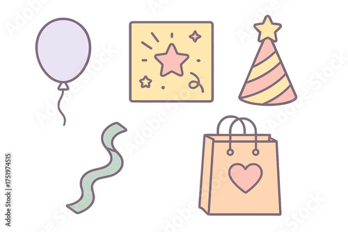 Pastel colored party and celebration elements set including balloon, gift bag, party hat, and star symbol