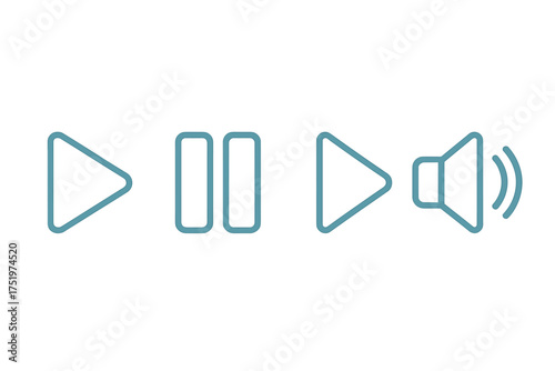 Minimal line icons set for media player controls: play, pause, skip, and volume symbols