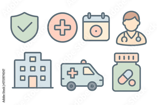 Essential medical and healthcare service symbols featuring doctor, hospital, and emergency transport