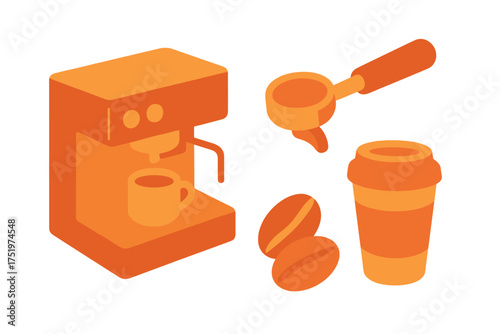 Isometric set of essential elements for brewing espresso: coffee machine, portafilter, beans, and travel mug
