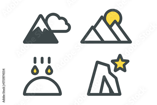 Minimalist set of outdoor activity and weather symbols featuring mountains, sun, rain, and camping tent
