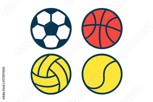 Four popular sports balls icons set: soccer, basketball, volleyball, tennis
