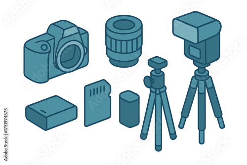 Isometric set of professional photography equipment including camera, lens, flash, tripods, battery, and memory card