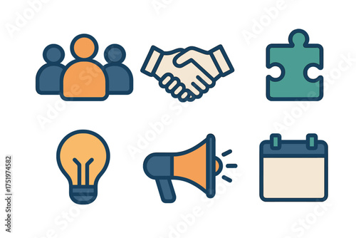 Set of business and communication symbols including teamwork, agreement, idea, and planning concepts