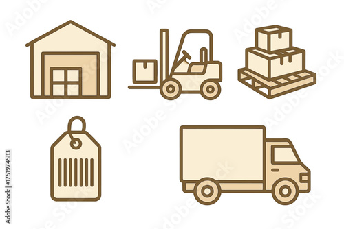 Logistics and shipping symbols set featuring warehouse forklift pallet boxes and delivery truck