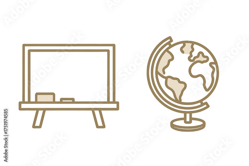 Outline icons of a classroom chalkboard with erasers and a terrestrial globe on a stand