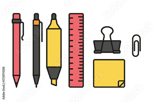 Collection of essential stationery items including writing tools, ruler, and paper clips