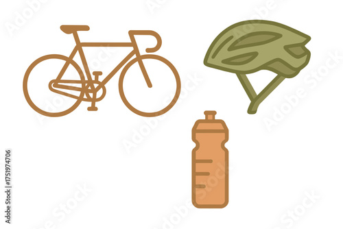 Essential cycling equipment set featuring a road bike, safety helmet, and hydration bottle
