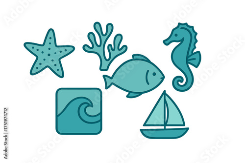 Stylized ocean and marine life elements including starfish coral seahorse fish wave and sailboat