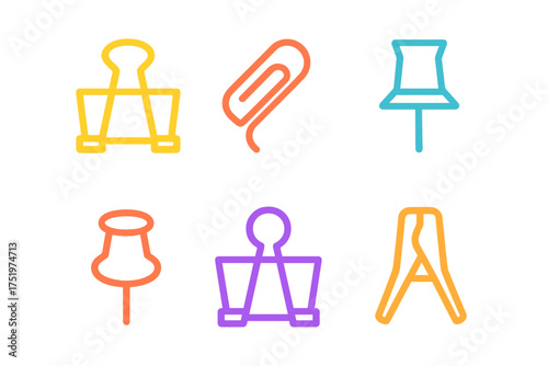 A collection of colorful office supplies including binder clips, paper clips, and pushpins