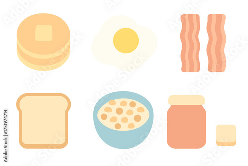 Morning meal ingredients including stacked pancakes, sunny side up egg, crispy bacon, slice of bread, and cereal bowl