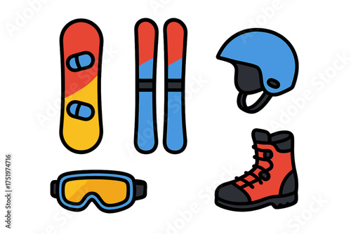Colorful collection of winter sports equipment including snowboard skis helmet goggles and boot