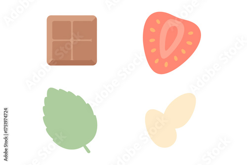 Chocolate square strawberry slice mint leaf and almond nuts ingredients