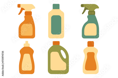 Collection of various household cleaning product bottles and containers for detergent or disinfectant liquid