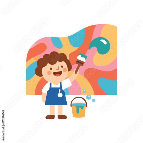 (Joyful Child Painting Colorful Mural. This cheerful youngster enjoys vibrant artistry, enthusiastically decorating a surface with lively hues. It represents imaginative expression and childhood.)