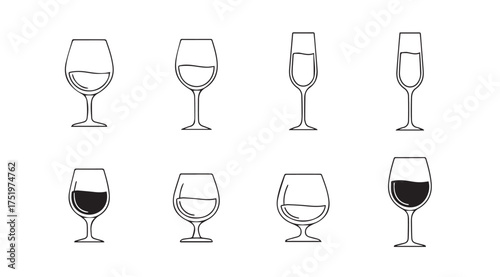 Collection of hand drawn wine glasses and drinkware assortment isolated on white vector
