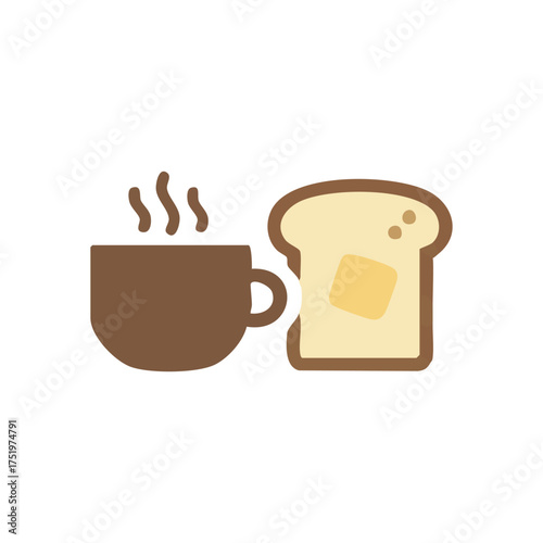 (Breakfast Comfort Hot Beverage Toast. A cozy morning meal featuring a steaming cup and a fresh slice of buttered bread. This illustration symbolizes a simple, comforting start to the day.)