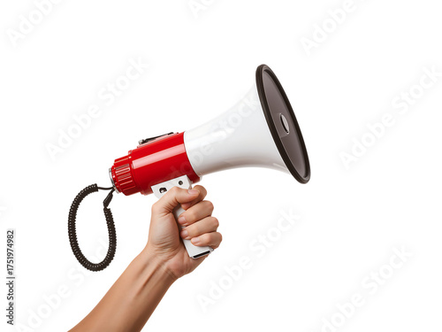 Hand holding a megaphone on black background