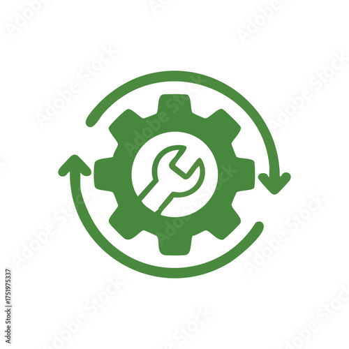 (System Maintenance Process Icon. Vibrant green cogwheel featuring a spanner and circular arrows, representing ongoing service, configuration upgrades, and operational efficiency.)
