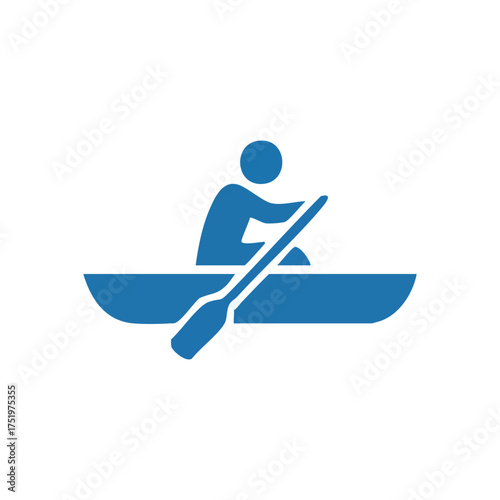(Blue Paddling Kayak Icon. Vector graphic depicting an individual navigating a canoe with an oar. Embodies adventure, journey, and aquatic recreation.)