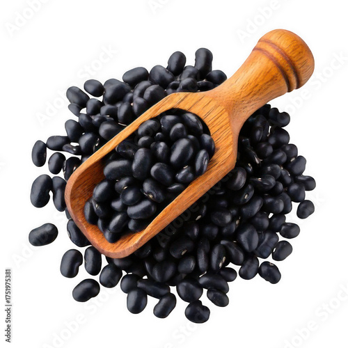 Black beans on wooden scoop isolated on transparent background