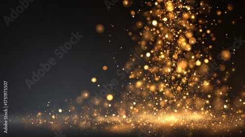 Vibrant Golden Bokeh Lights and Sparkling Particles Cascade on Dark Abstract Background