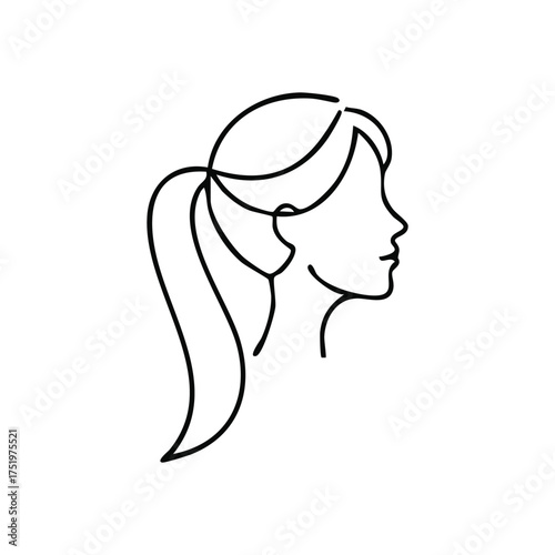 (Woman Profile Ponytail Line Art. A simple, elegant outline depicting a female's side view with hair tied back. This minimalist illustration symbolizes grace, beauty, and identity.)