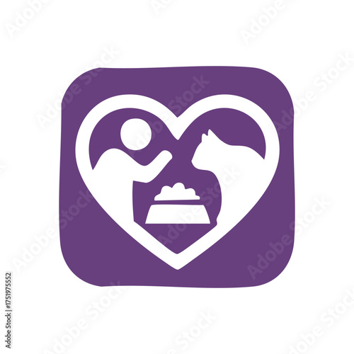 Dedicated Pet Parent Icon. This heartwarming graphic portrays a kind individual nourishing a beloved feline, enveloped in a loving heart. It conveys devotion, empathy, and responsible animal welfare.