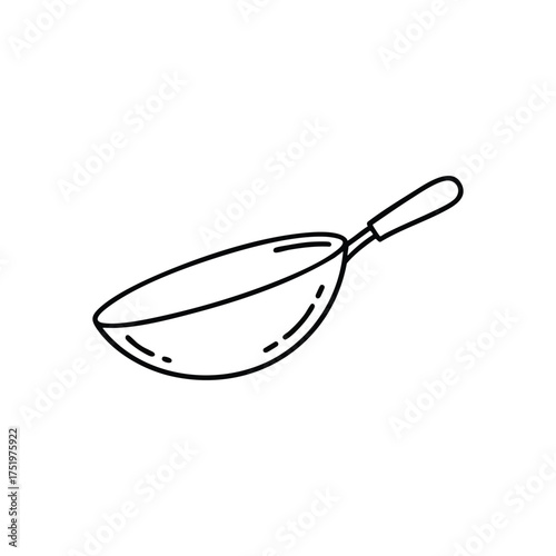 (Wok Pan Cooking Utensil. This minimalist line art depicts a vital kitchen vessel. Ideal for preparing stir fry and diverse food. Symbolizes healthy eating, home warmth, and culinary creativity.)