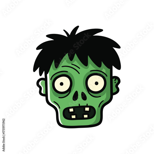 (Cartoon Zombie Head Illustration. This spooky green ghoul character embodies classic Halloween fun. Its decaying visage suggests fright, yet the artistic drawing style ensures it remains playful.)