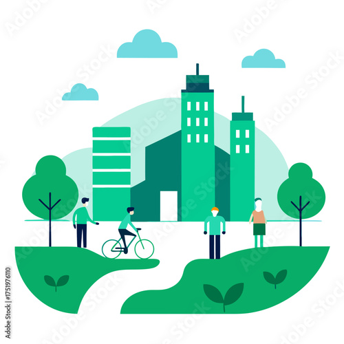 Modern urban cityscape with green spaces people riding bicycles vector on white background.