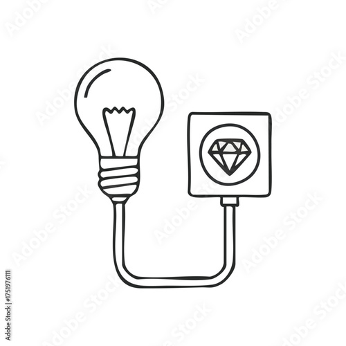 (Brilliant Idea to Value Creation. Hand drawn light bulb linked to a diamond icon. This illustration represents ingenuity sparking success, generating wealth, and delivering excellence.)
