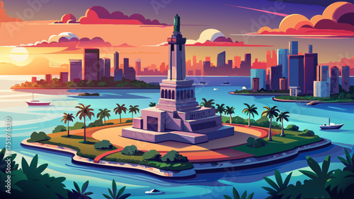 Very beautiful aerial view of Monument Island in Biscayne Bay, Miami Beach, Florida, with sunset colors and skyline reflections on calm tropical water.
