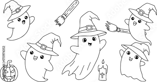 Cute ghosts wearing witch hats outline doodle cartoon illustration. Halloween coloring book page activity for kids and adults.

