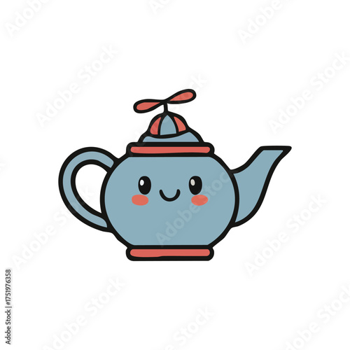 (Cheerful Kawaii Teapot Character. A delightful, friendly beverage pot with a sweet grin and rosy cheeks, symbolizing simple joy and comforting warmth.)