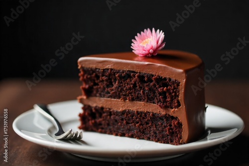 The Winning Slice A perfectly cut piece of exquisite cake or pastry, hinting at sweet victory. A close up, eye level shot of a single, perfectly cut slice of an extremely decadent chocolate cake. The